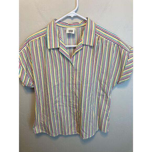 70's Vintage Nikki Rainbow Striped Short Sleeve Button Up Blouse Size 13/14 - Picture 8 of 12